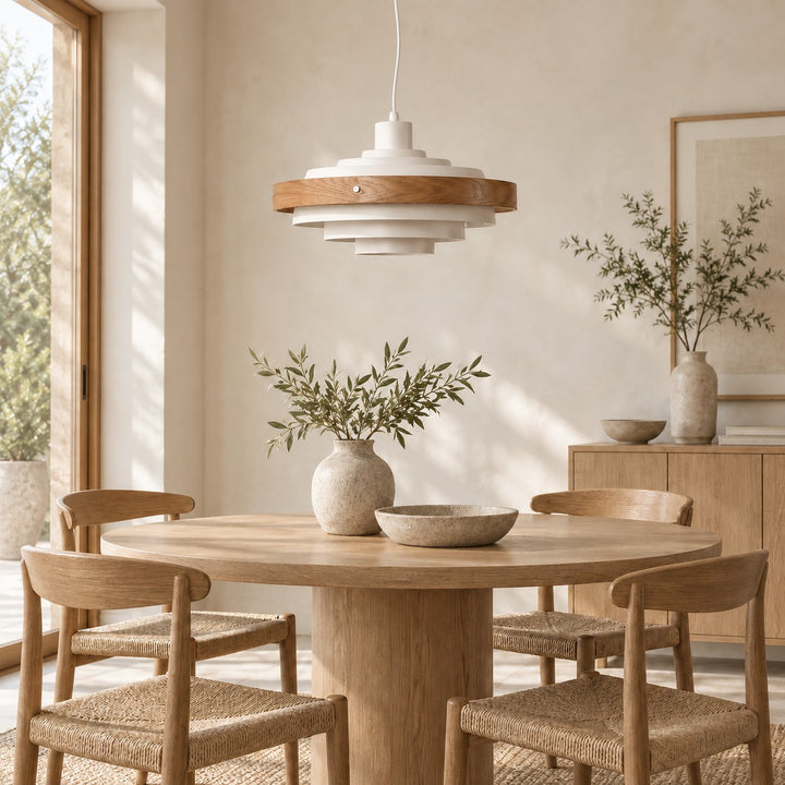 Modern Adjustable Height Pendant Light in Metal and Wood for Kitchen Pendant Lighting
