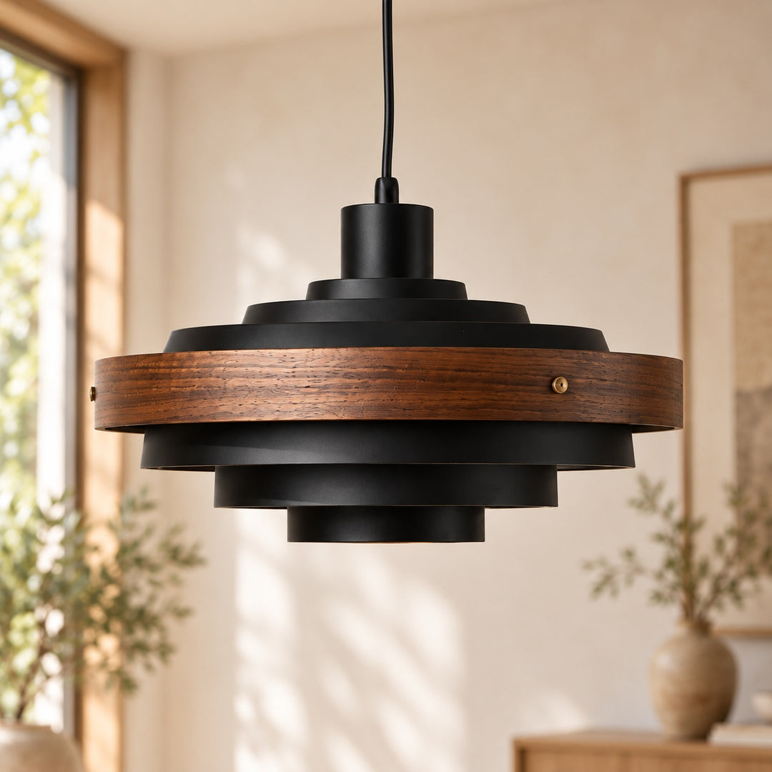 Modern Adjustable Height Pendant Light in Metal and Wood for Kitchen Pendant Lighting