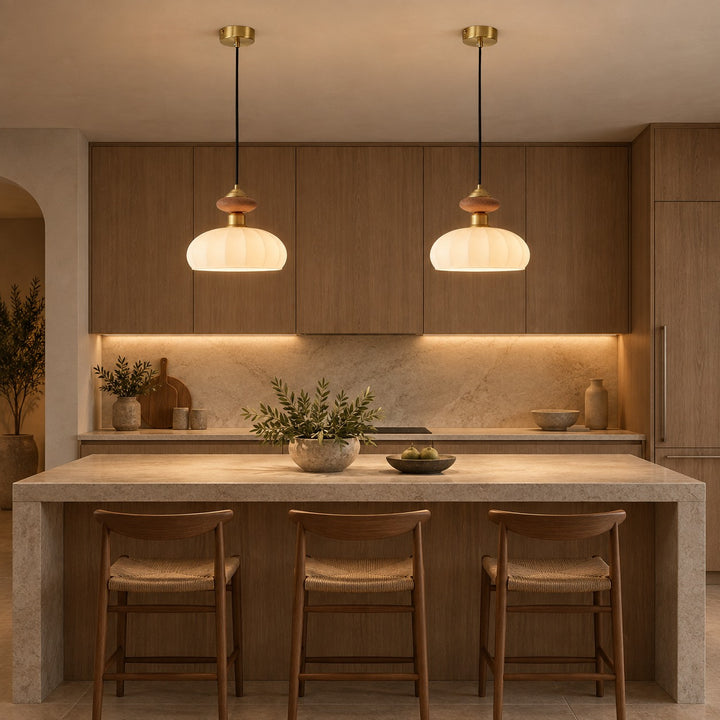 Modern Glass Pendant Light with Adjustable Brass Fixture for Kitchen Island Illumination