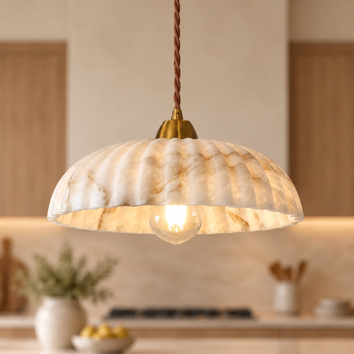 Modern Hanging Pendant Light Alabaster Shade Antique Gold LED Fixture for Kitchen Lighting