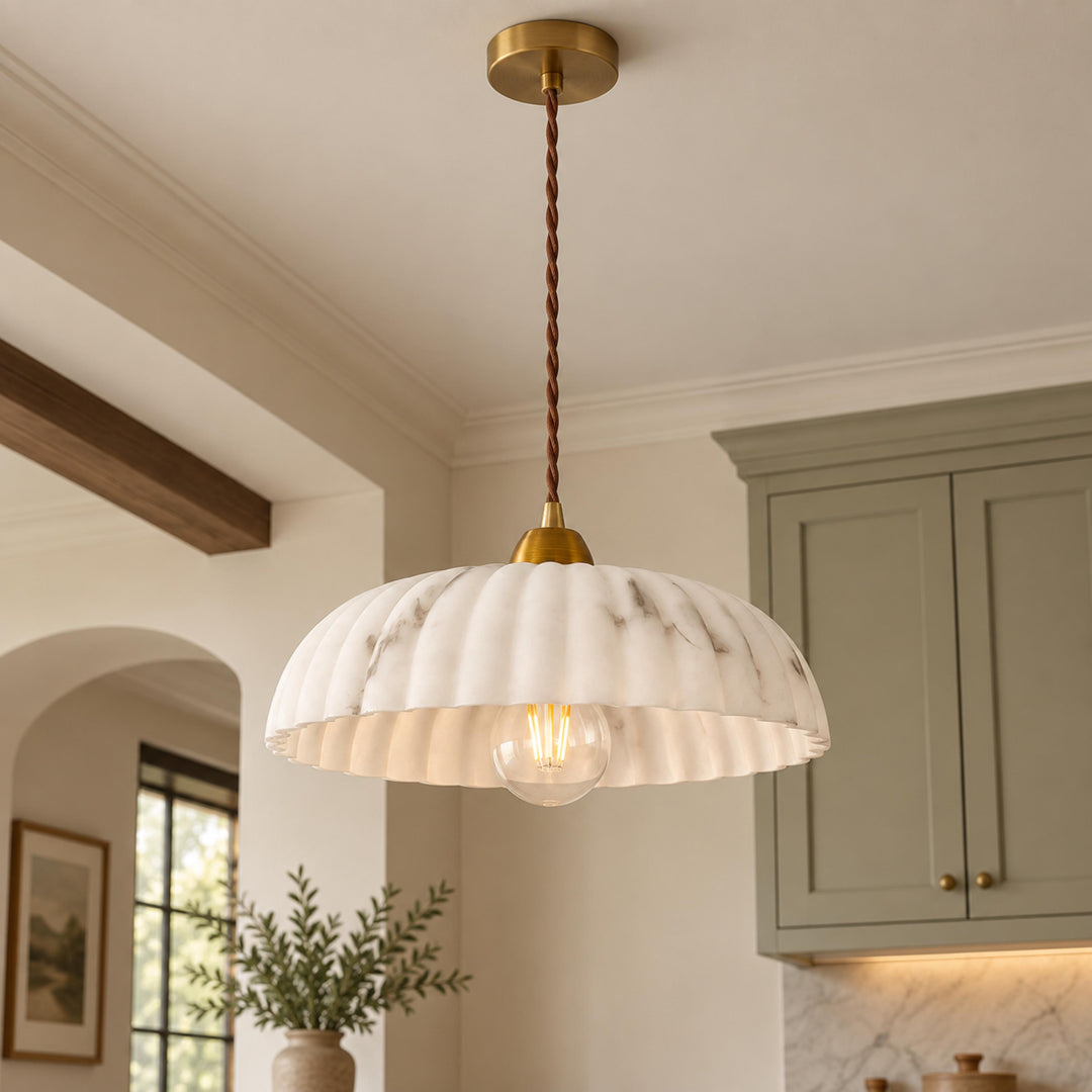 Modern Hanging Pendant Light Alabaster Shade Antique Gold LED Fixture for Kitchen Lighting