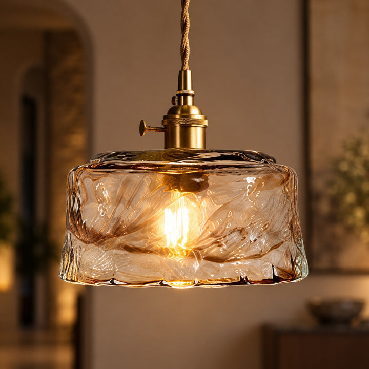 Vintage Glass Pendant Lighting Adjustable Height Brass Hardware Amber Shade LED Compatible