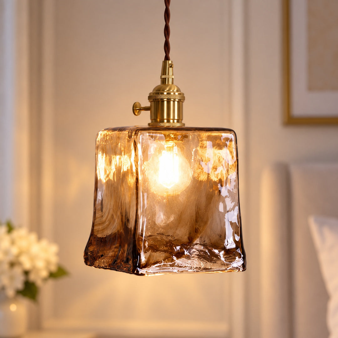 Vintage Glass Pendant Lighting Adjustable Height Brass Hardware Amber Shade LED Compatible