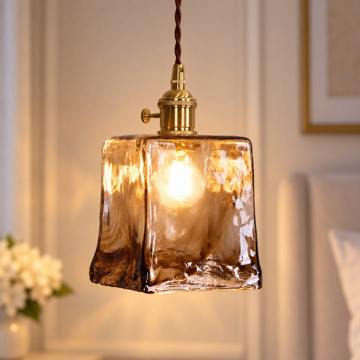 Vintage Glass Pendant Lighting Adjustable Height Brass Hardware Amber Shade LED Compatible
