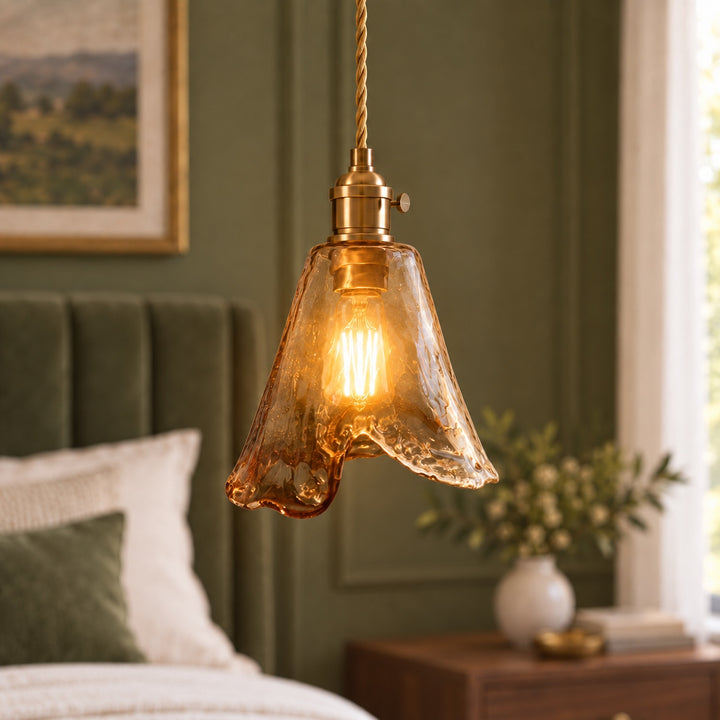 Vintage Glass Pendant Lighting Adjustable Height Brass Hardware Amber Shade LED Compatible