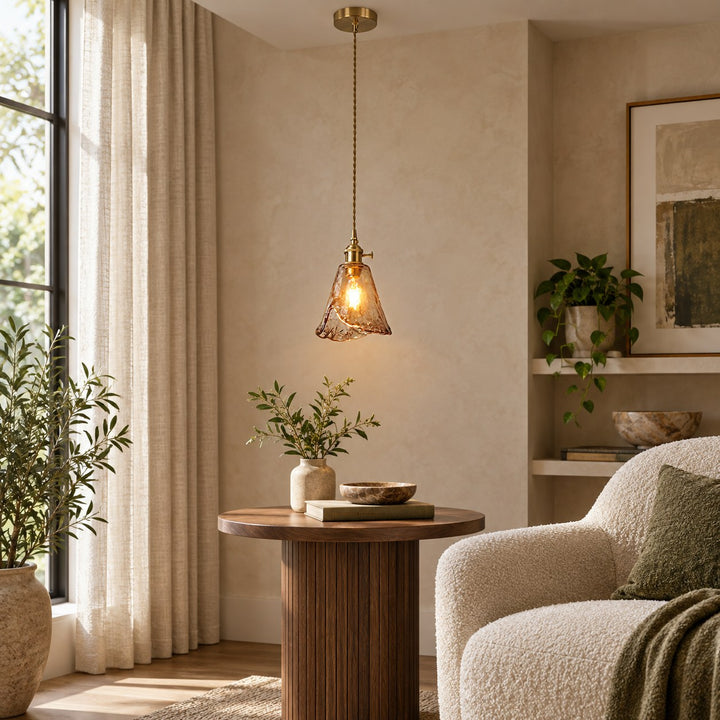 Vintage Glass Pendant Lighting Adjustable Height Brass Hardware Amber Shade LED Compatible