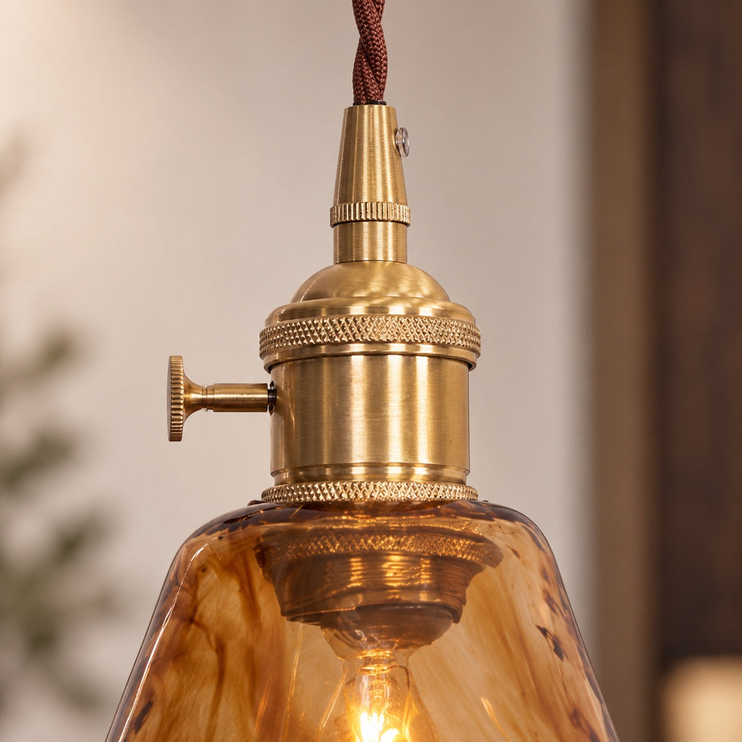 Vintage Glass Pendant Lighting Adjustable Height Brass Hardware Amber Shade LED Compatible