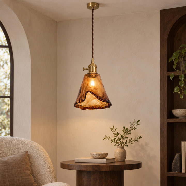 Vintage Glass Pendant Lighting Adjustable Height Brass Hardware Amber Shade LED Compatible
