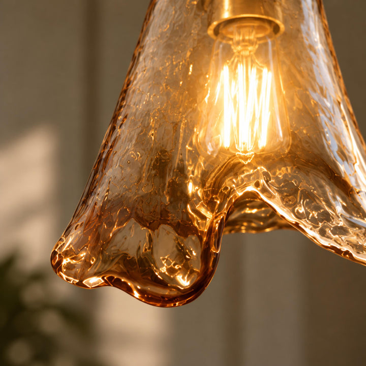 Vintage Glass Pendant Lighting Adjustable Height Brass Hardware Amber Shade LED Compatible
