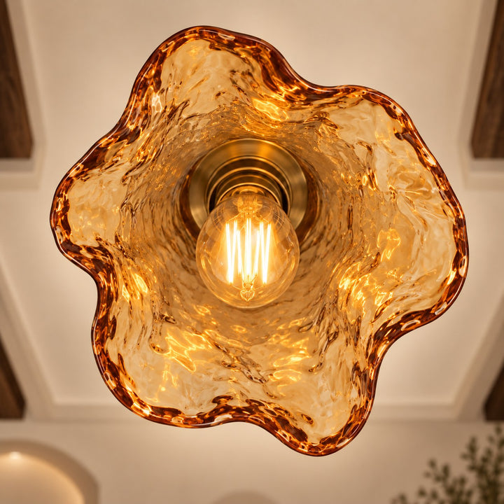 Vintage Glass Pendant Lighting Adjustable Height Brass Hardware Amber Shade LED Compatible