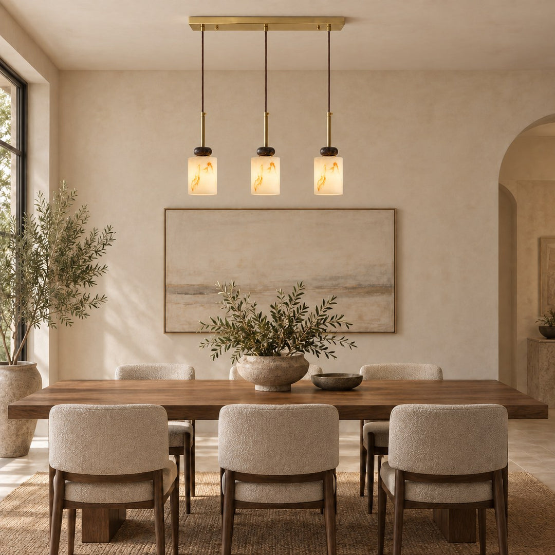 Modern Pendant Lamp with Hanging Dark Marble Spheres and Faux Alabaster Shade for Indoor Use
