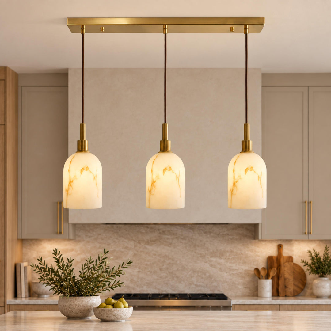 Modern Pendant Lamp with Hanging Dark Marble Spheres and Faux Alabaster Shade for Indoor Use