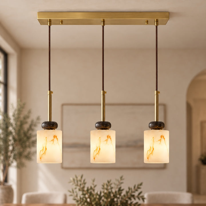 Modern Pendant Lamp with Hanging Dark Marble Spheres and Faux Alabaster Shade for Indoor Use
