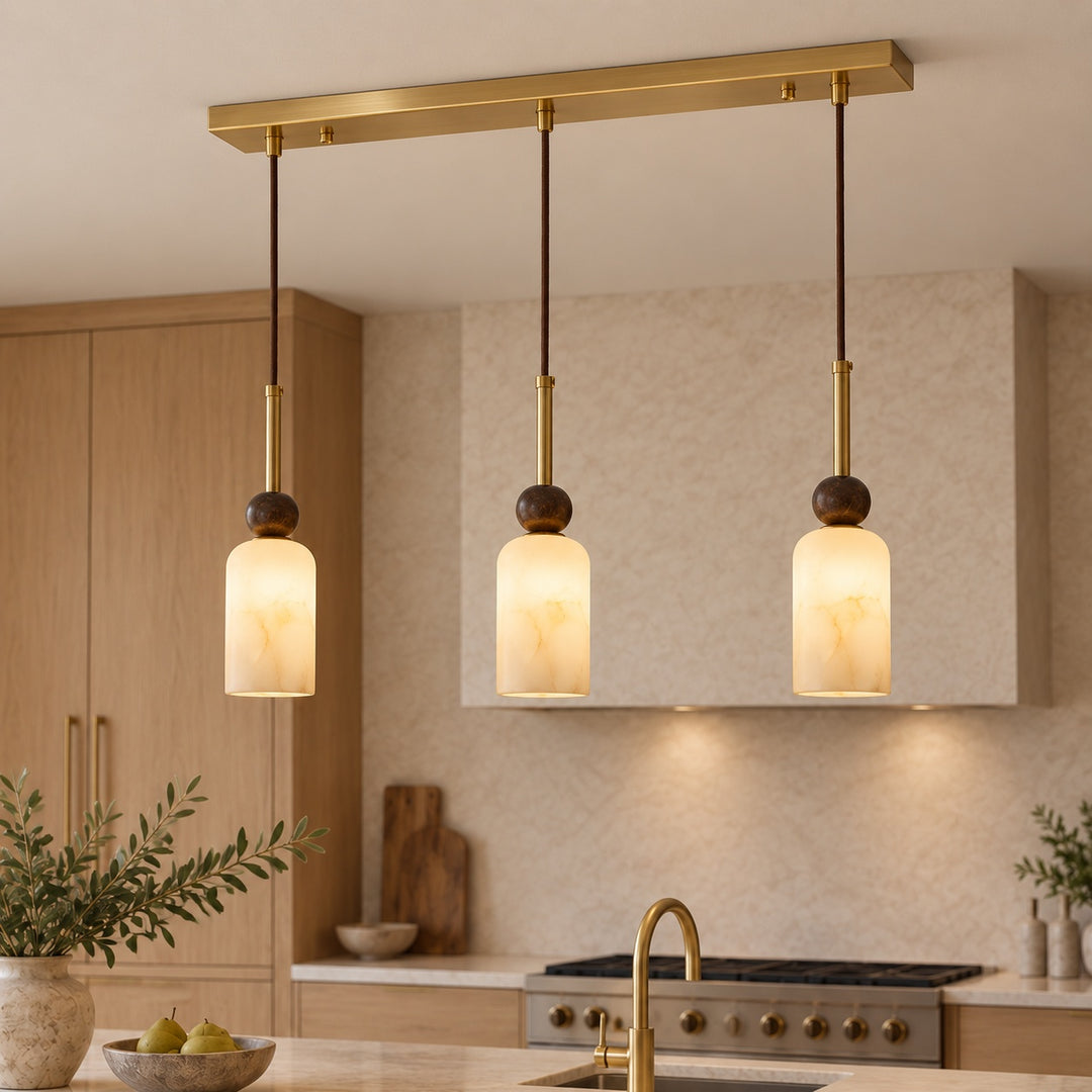 Modern Pendant Lamp with Hanging Dark Marble Spheres and Faux Alabaster Shade for Indoor Use