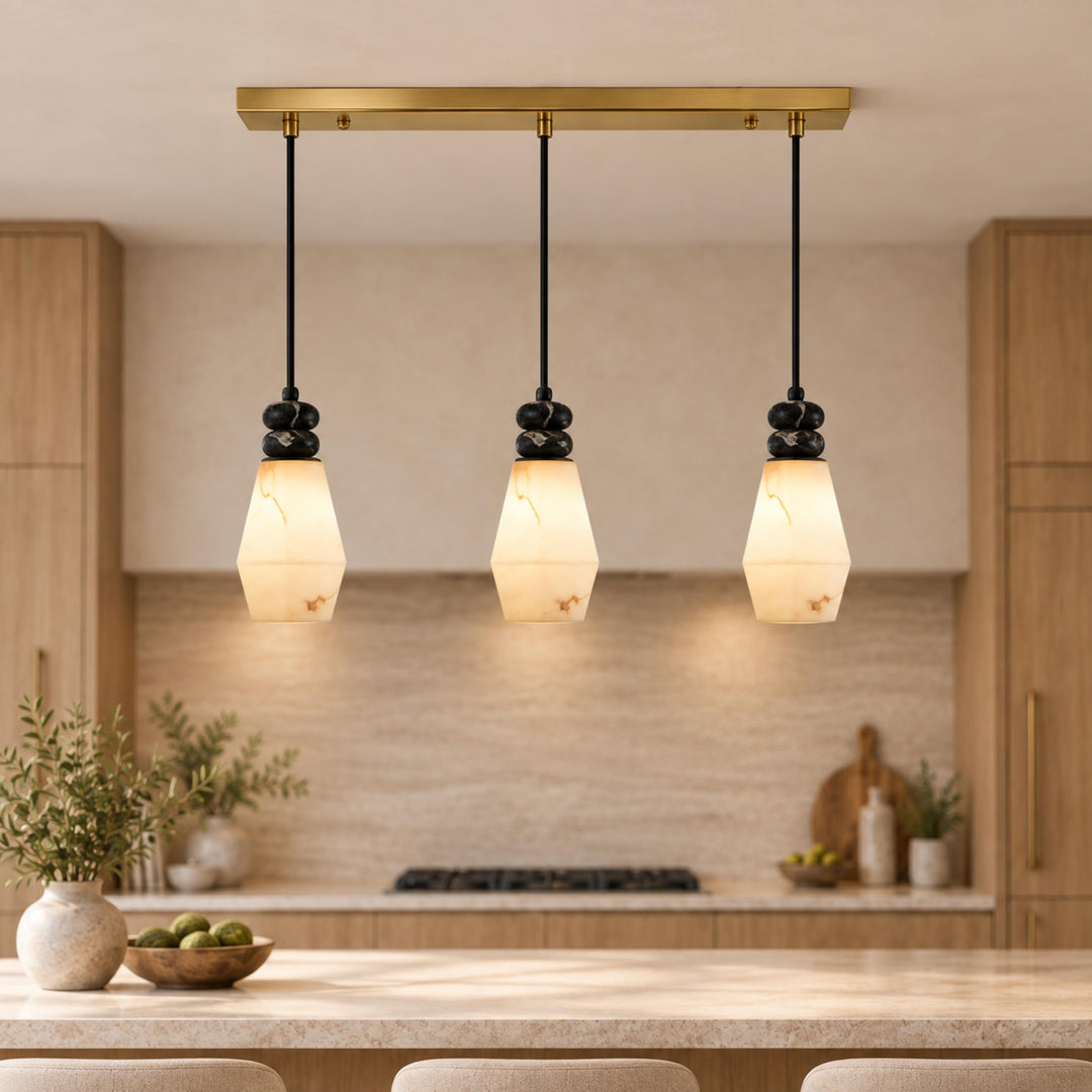 Modern Pendant Lamp with Hanging Dark Marble Spheres and Faux Alabaster Shade for Indoor Use
