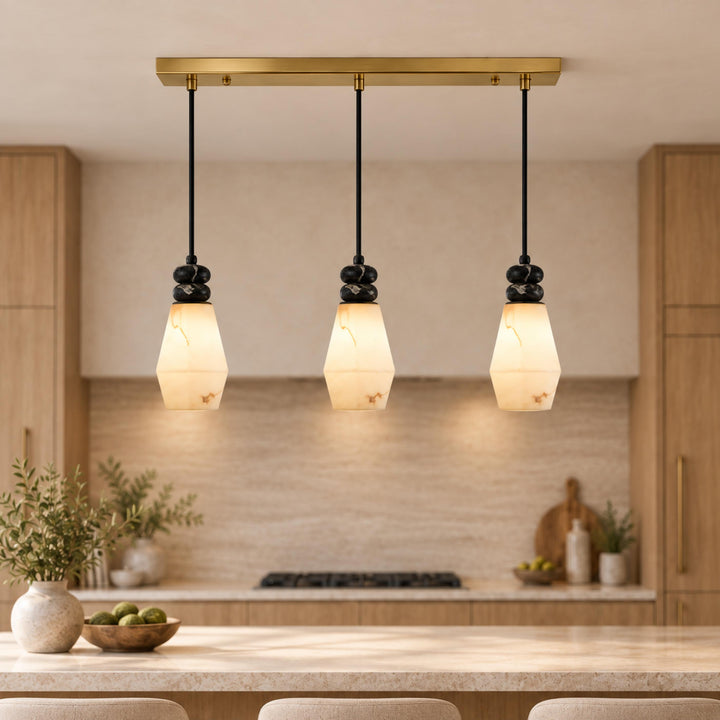 Modern Pendant Lamp with Hanging Dark Marble Spheres and Faux Alabaster Shade for Indoor Use
