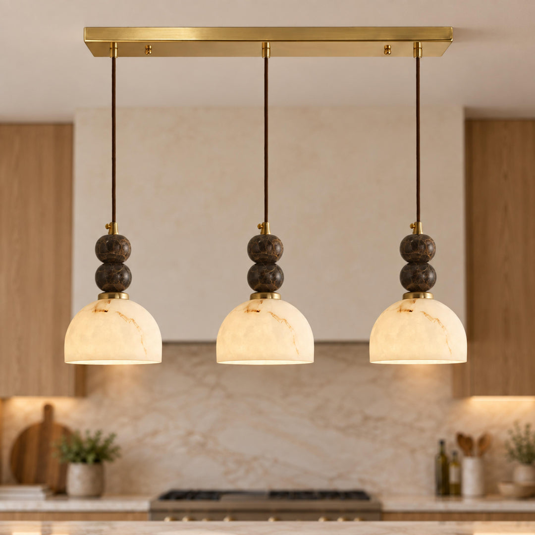 Modern Pendant Lamp with Hanging Dark Marble Spheres and Faux Alabaster Shade for Indoor Use