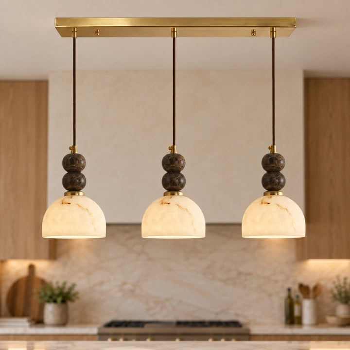 Modern Pendant Lamp with Hanging Dark Marble Spheres and Faux Alabaster Shade for Indoor Use