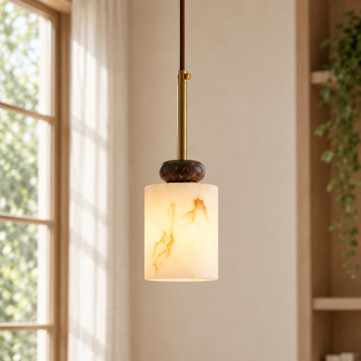 Modern Pendant Lamp with Hanging Dark Marble Spheres and Faux Alabaster Shade for Indoor Use