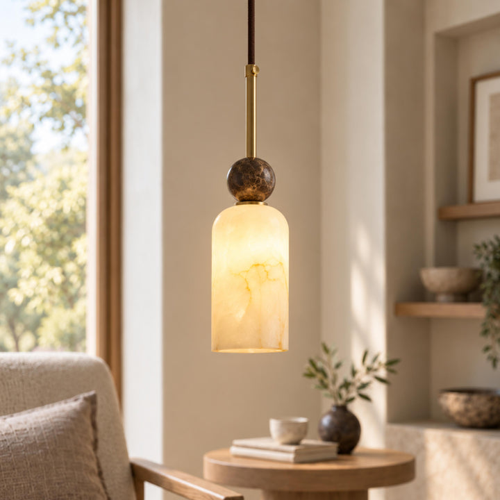 Modern Pendant Lamp with Hanging Dark Marble Spheres and Faux Alabaster Shade for Indoor Use