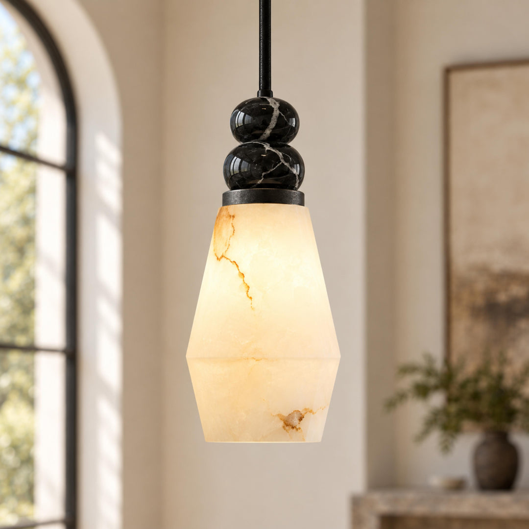 Modern Pendant Lamp with Hanging Dark Marble Spheres and Faux Alabaster Shade for Indoor Use