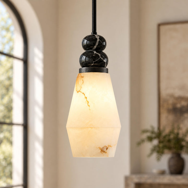 Modern Pendant Lamp with Hanging Dark Marble Spheres and Faux Alabaster Shade for Indoor Use
