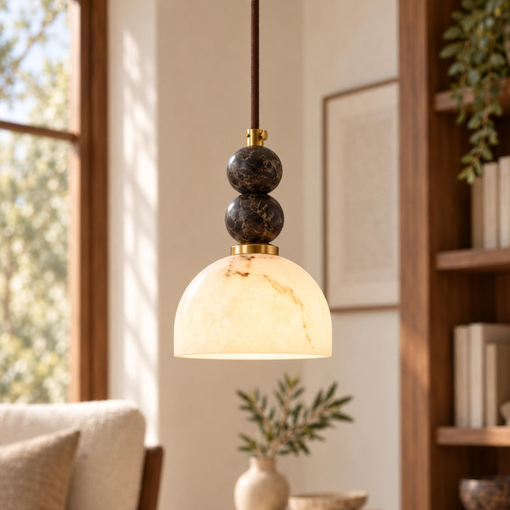 Modern Pendant Lamp with Hanging Dark Marble Spheres and Faux Alabaster Shade for Indoor Use