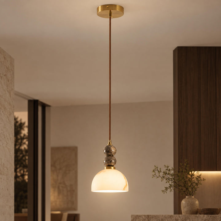 Modern Pendant Lamp with Hanging Dark Marble Spheres and Faux Alabaster Shade for Indoor Use