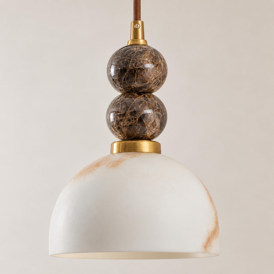 Modern Pendant Lamp with Hanging Dark Marble Spheres and Faux Alabaster Shade for Indoor Use