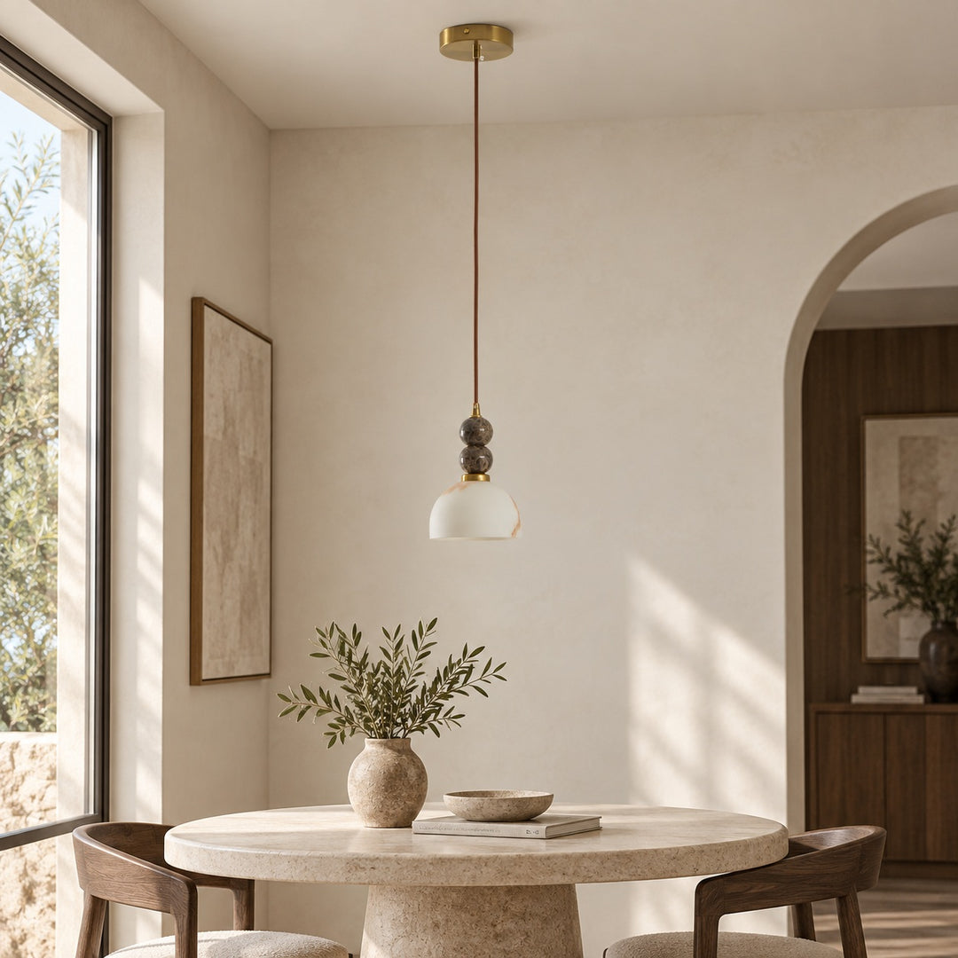 Modern Pendant Lamp with Hanging Dark Marble Spheres and Faux Alabaster Shade for Indoor Use