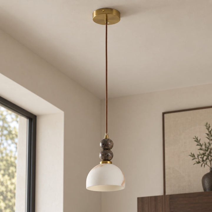 Modern Pendant Lamp with Hanging Dark Marble Spheres and Faux Alabaster Shade for Indoor Use
