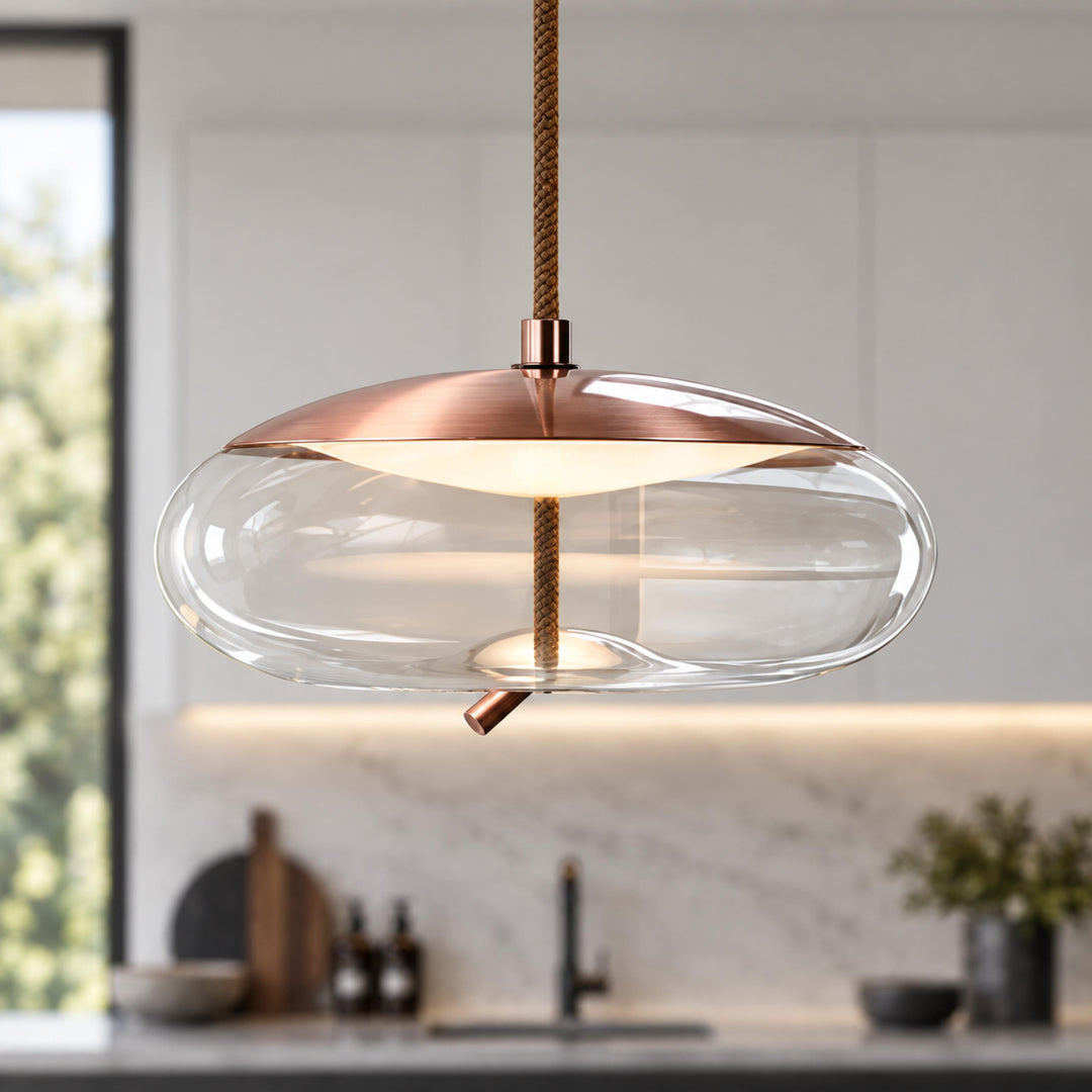 Modern Glass Pendant Light Hanging Fixture with Copper Accent LED Compatible for Kitchen