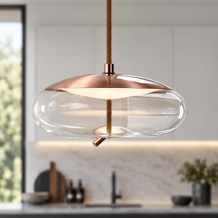Modern Glass Pendant Light Hanging Fixture with Copper Accent LED Compatible for Kitchen