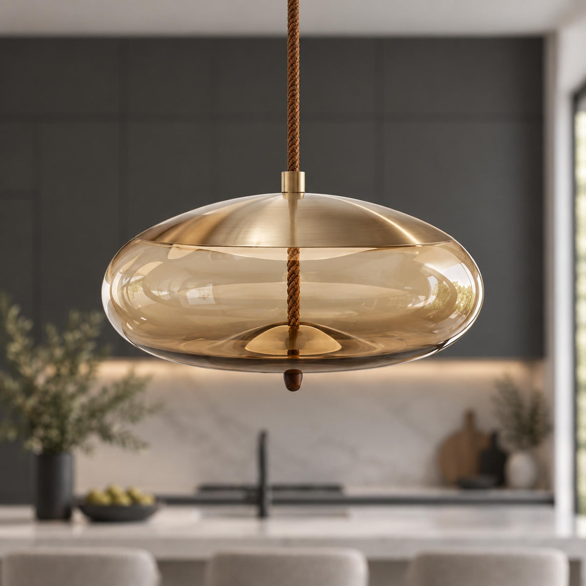 Modern Glass Pendant Light Hanging Fixture with Copper Accent LED Compatible for Kitchen