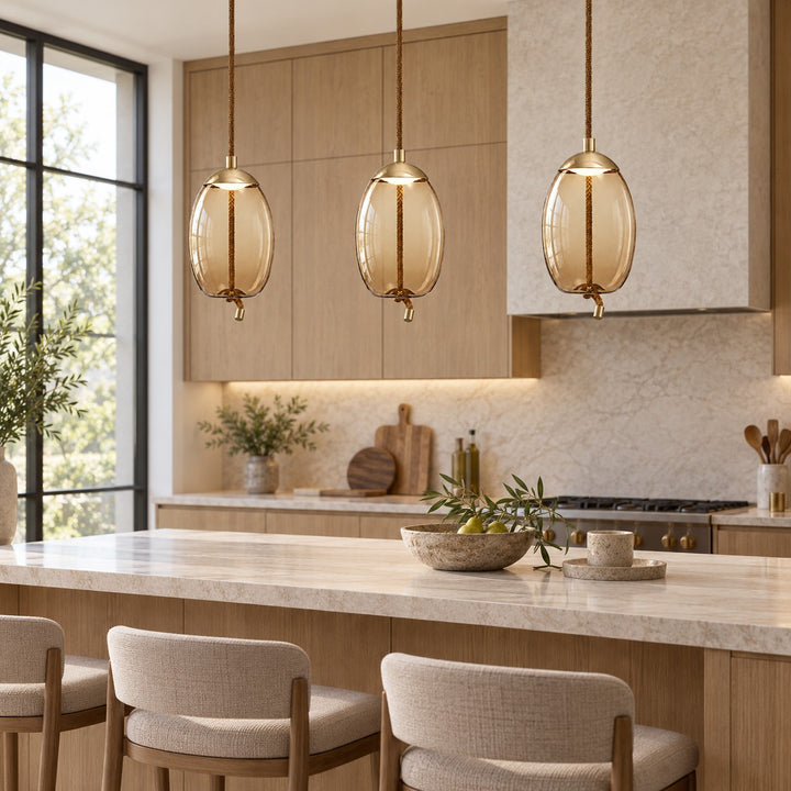 Modern Glass Pendant Light Hanging Fixture with Copper Accent LED Compatible for Kitchen