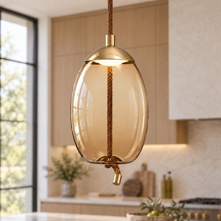 Modern Glass Pendant Light Hanging Fixture with Copper Accent LED Compatible for Kitchen
