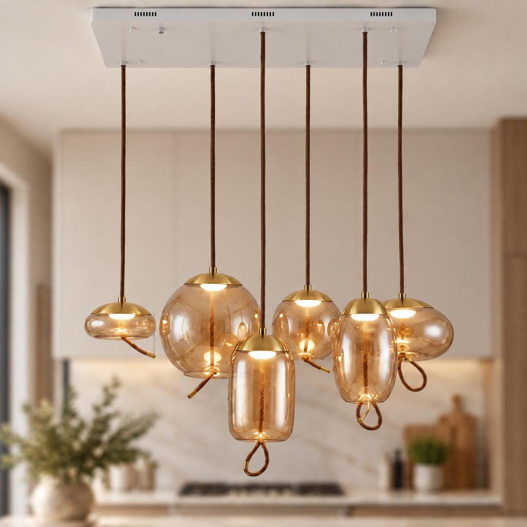 Modern Glass Pendant Light Hanging Fixture with Copper Accent LED Compatible for Kitchen