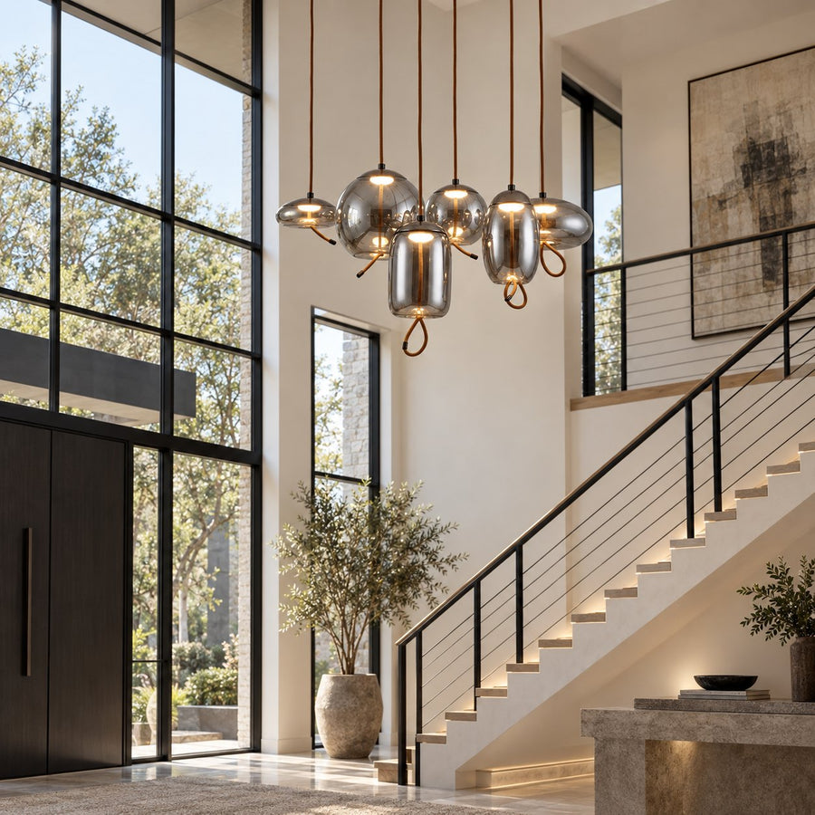 Modern Glass Pendant Light Hanging Fixture with Copper Accent LED Compatible for Kitchen in the stairwell