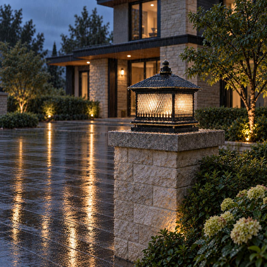 Solar Garden Lights Modern Post Lamp LED Aluminum with Remote Control Diamond Glass Design in the driveway