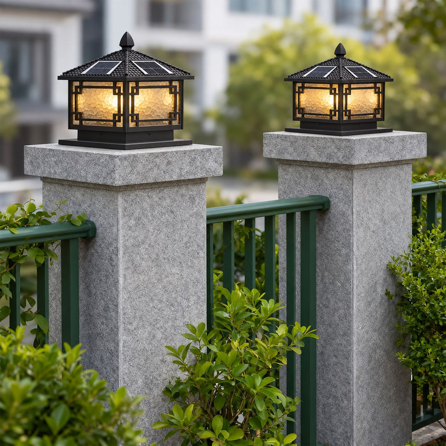 European Outdoor Pillar Light Textured Glass Die-Cast Aluminum Solar or Hardwired IP54 in the gate pillars
