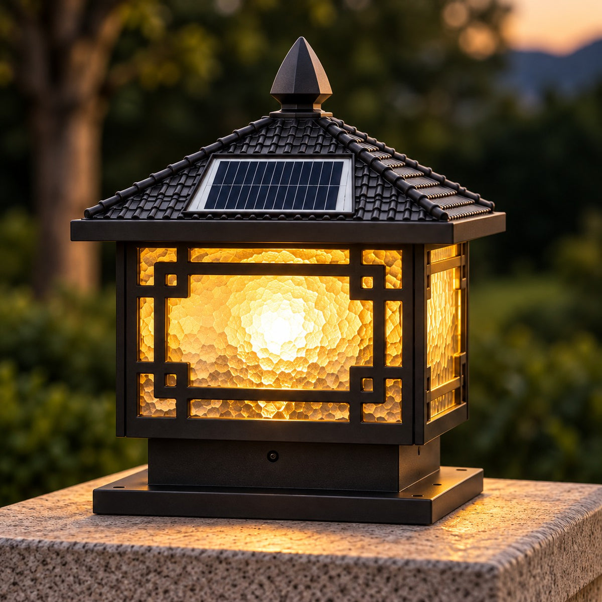 European Outdoor Pillar Light Textured Glass Die-Cast Aluminum Solar or Hardwired IP54