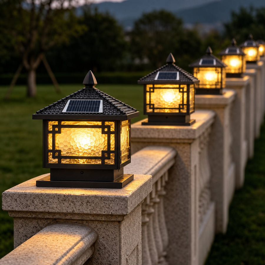 European Outdoor Pillar Light Textured Glass Die-Cast Aluminum Solar or Hardwired IP54 in the garden wall