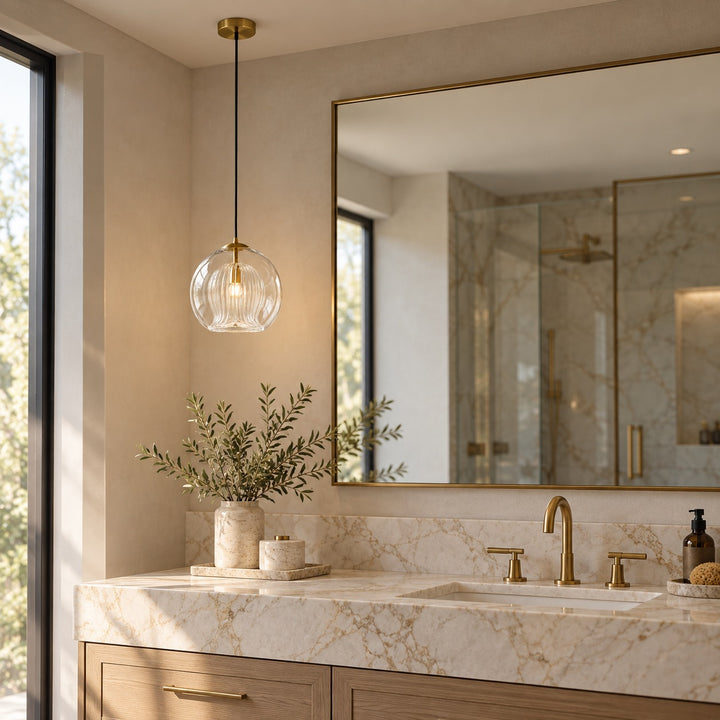 Modern Glass Pendant Light Adjustable Hanging Fixture Brass Frame LED Compatible for Kitchen Island