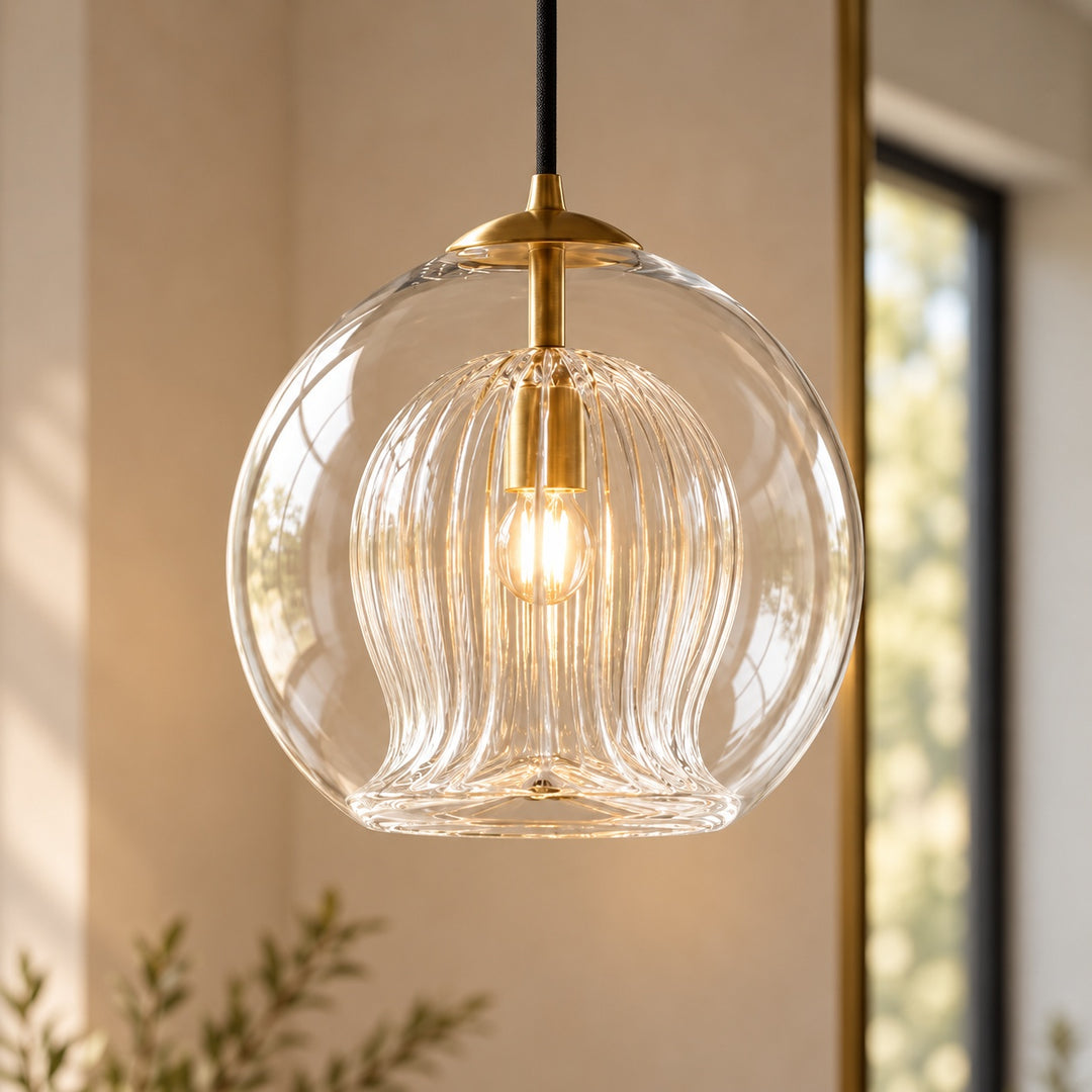 Modern Glass Pendant Light Adjustable Hanging Fixture Brass Frame LED Compatible for Kitchen Island