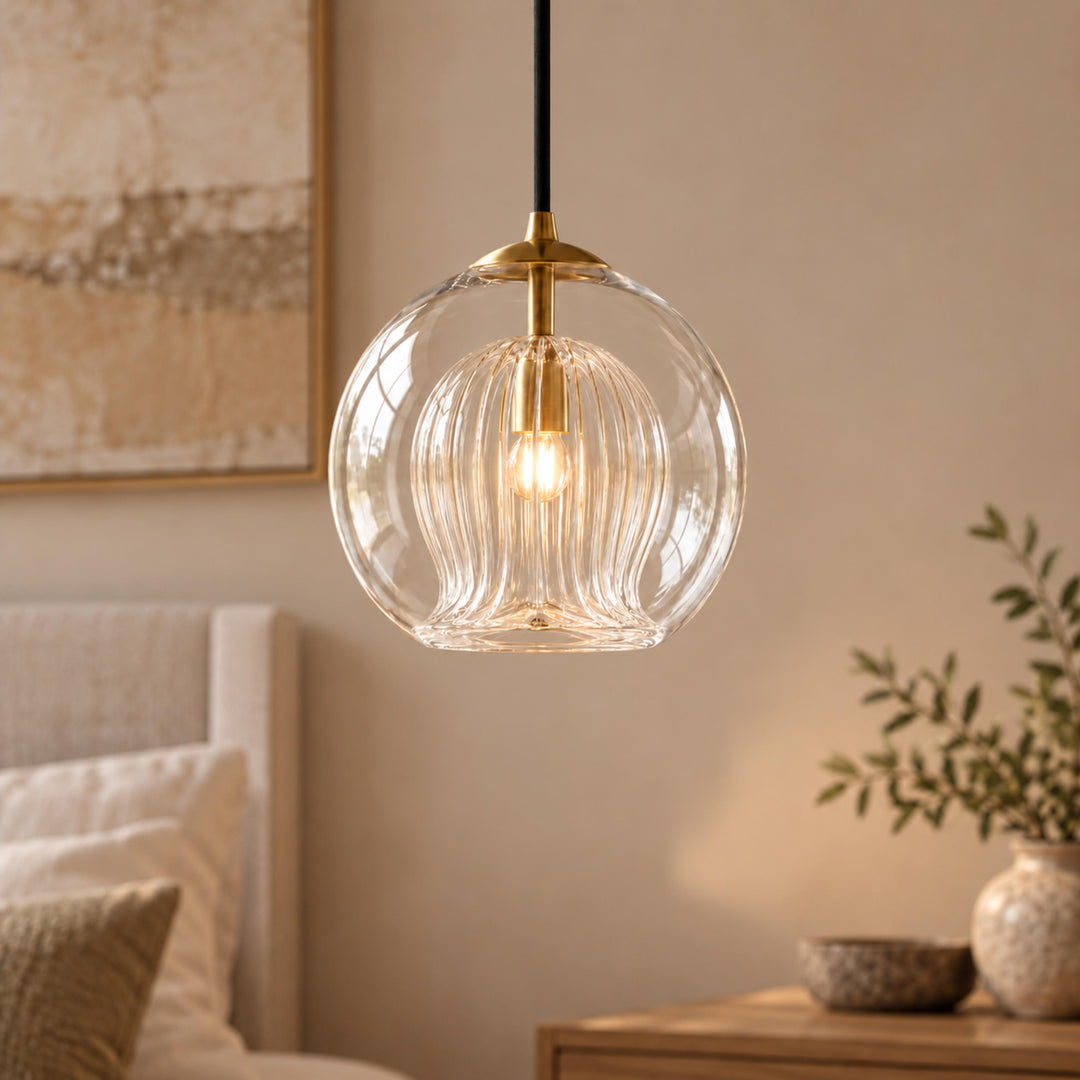 Modern Glass Pendant Light Adjustable Hanging Fixture Brass Frame LED Compatible for Kitchen Island