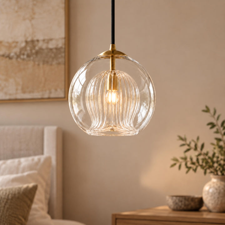 Modern Glass Pendant Light Adjustable Hanging Fixture Brass Frame LED Compatible for Kitchen Island