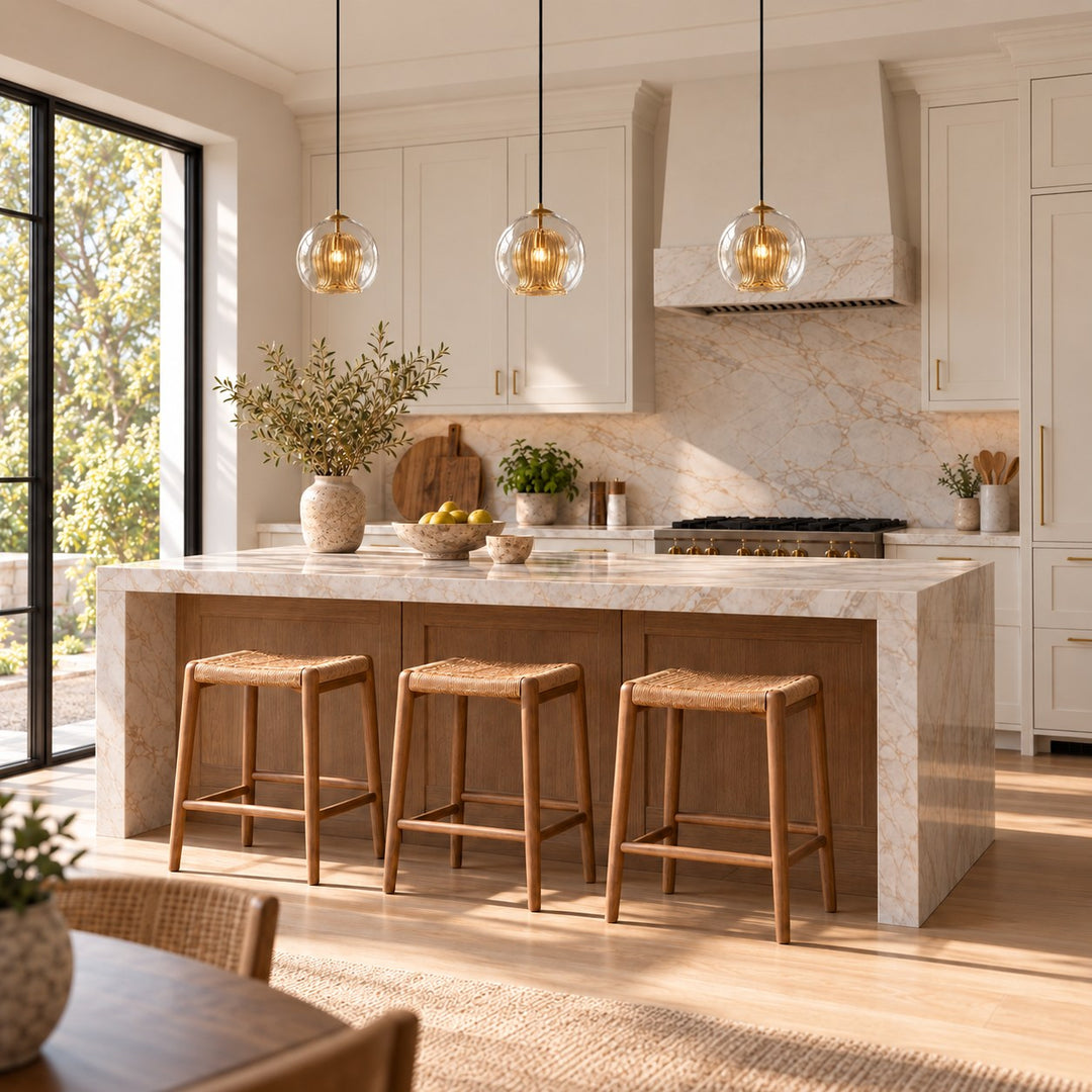 Modern Glass Pendant Light Adjustable Hanging Fixture Brass Frame LED Compatible for Kitchen Island
