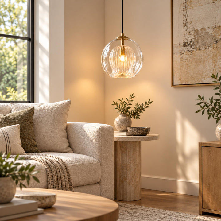 Modern Glass Pendant Light Adjustable Hanging Fixture Brass Frame LED Compatible for Kitchen Island