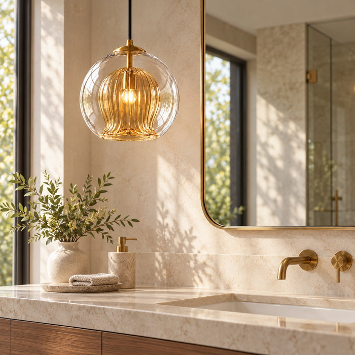 Modern Glass Pendant Light Adjustable Hanging Fixture Brass Frame LED Compatible for Kitchen Island