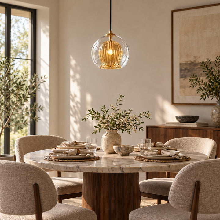 Modern Glass Pendant Light Adjustable Hanging Fixture Brass Frame LED Compatible for Kitchen Island